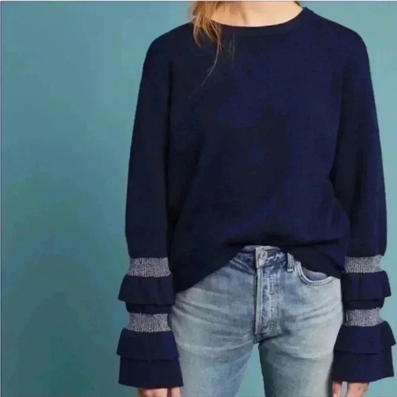 Just one answer J.O.A navy blue pullover ruffle sleeve sweater medium - Picture 1 of 10